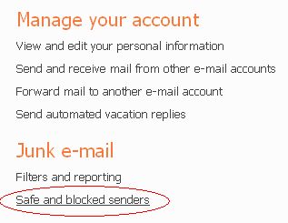 Clicking on Safe & Blocked Senders to Add an Email Address to Hotmail